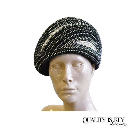 Vintage Bina Fashion Hats Black Iridescent Beaded Bejewel Derby Crown Beret Hat