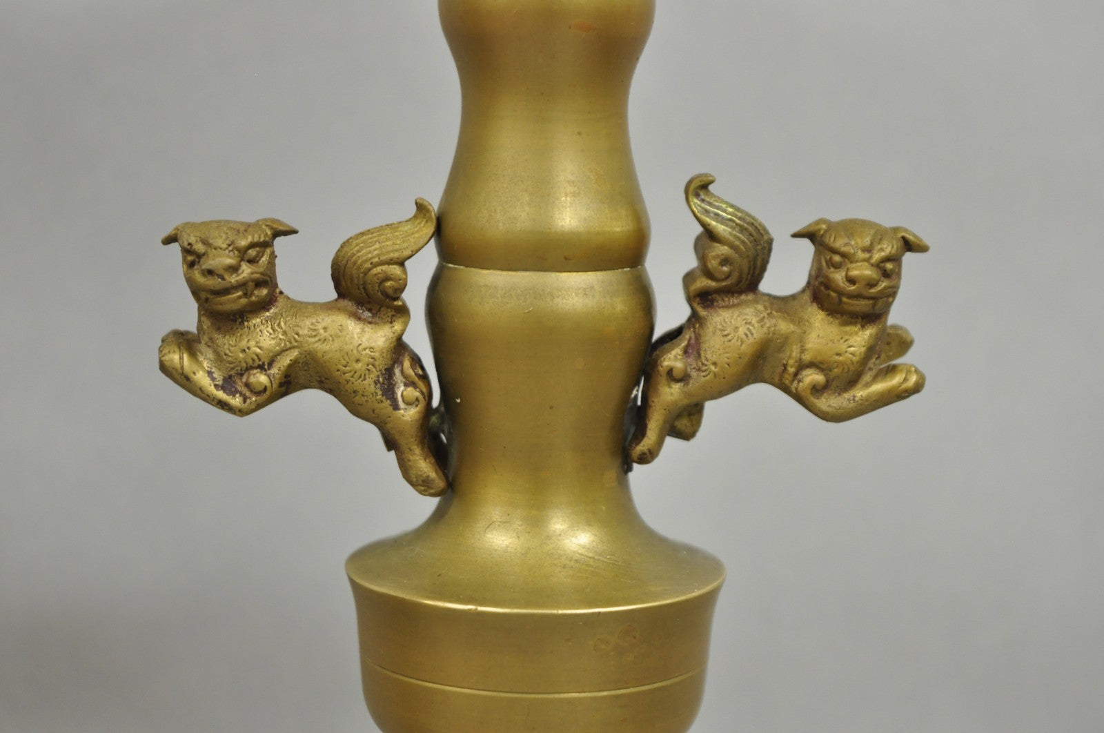 Vintage Oriental Foo Dog Stacked Brass Pricket Chinese 20" Candlesticks - a Pair