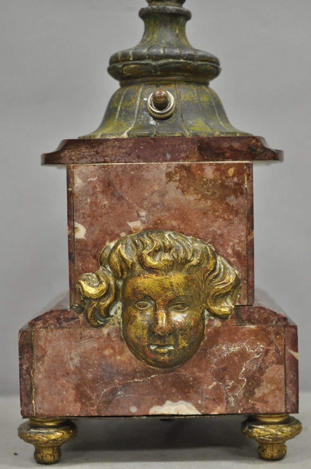 Antique French Neoclassical Bronze Torch & Trumpet Arm Marble Base Table Lamp