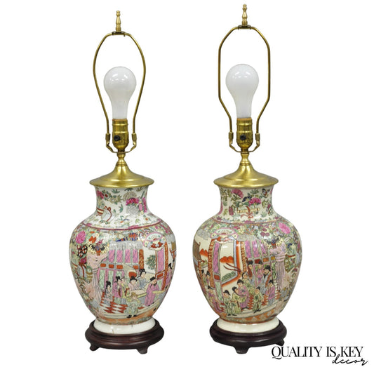 Vintage Oriental Porcelain Chinese Ginger Jar Chinoiserie Table Lamps - a Pair