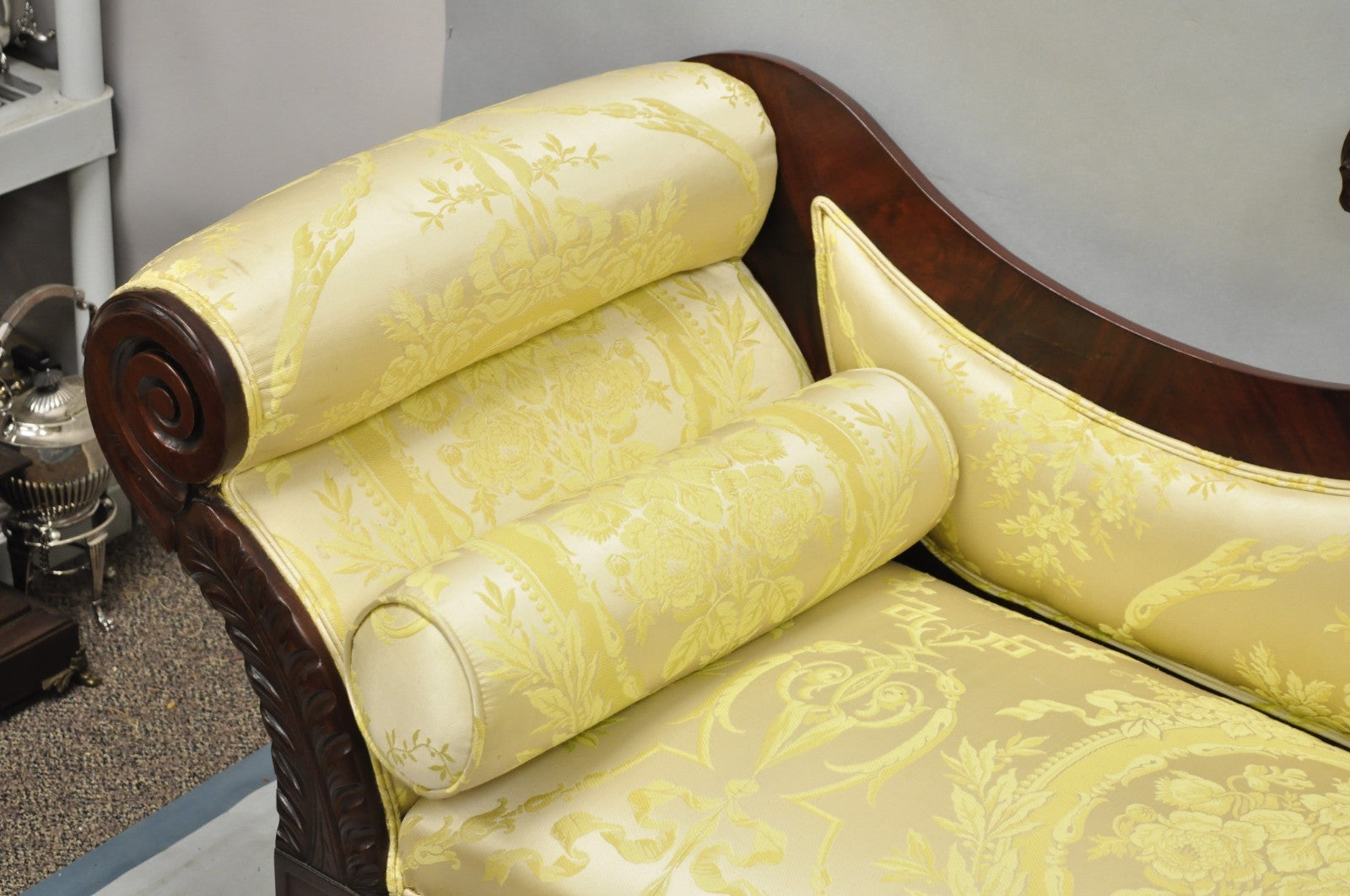 Antique American Empire Neoclassical Carved Mahogany Sofa with Gold Fabric