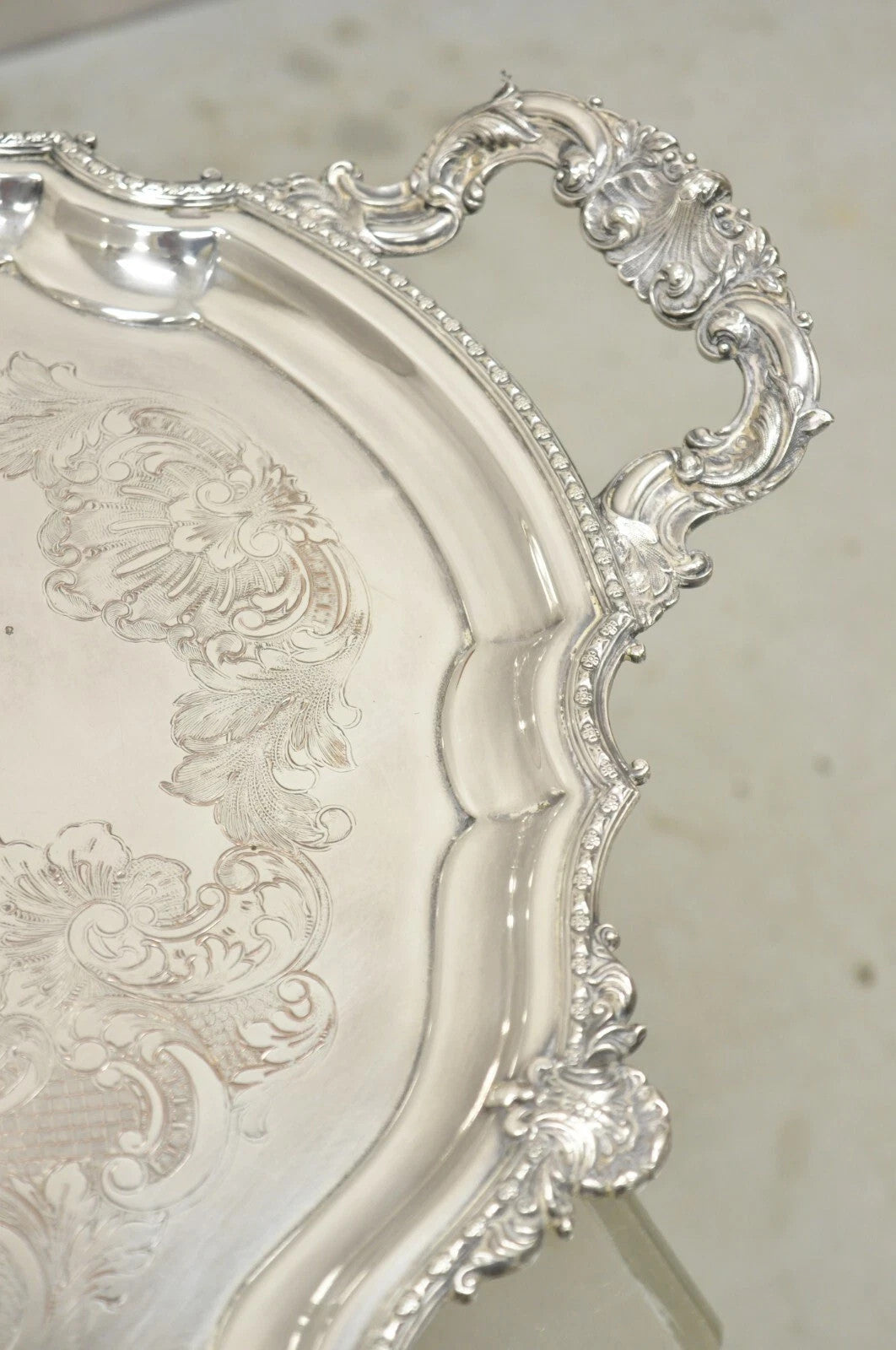 Antique English Victorian Silver Plated Ornate Oval Serving Platter Bar Tray