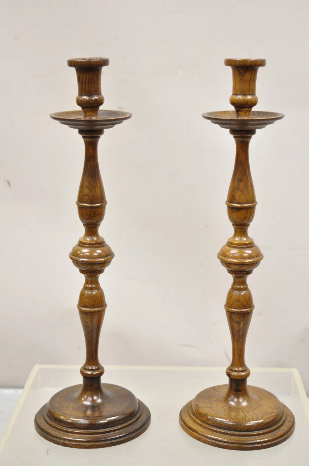 Vintage Italian Renaissance Jacobean Turn Carved Oak Wood 18.5" Candlestick Pair