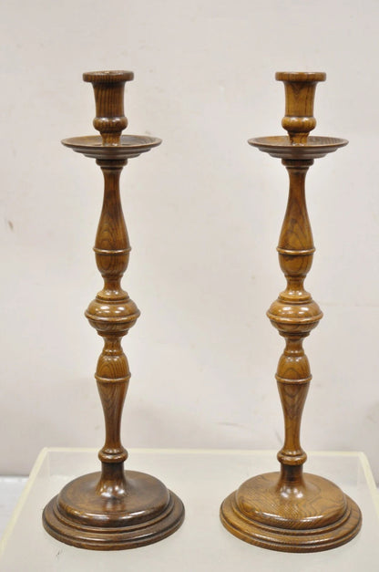 Vintage Italian Renaissance Jacobean Turn Carved Oak Wood 18.5" Candlestick Pair