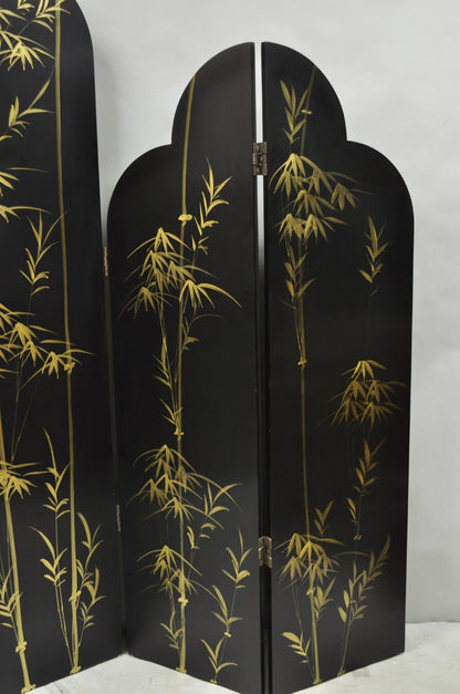 Decorator Chinoiserie Black Lacquer Oriental Painted 4 Panel Room Divider Screen