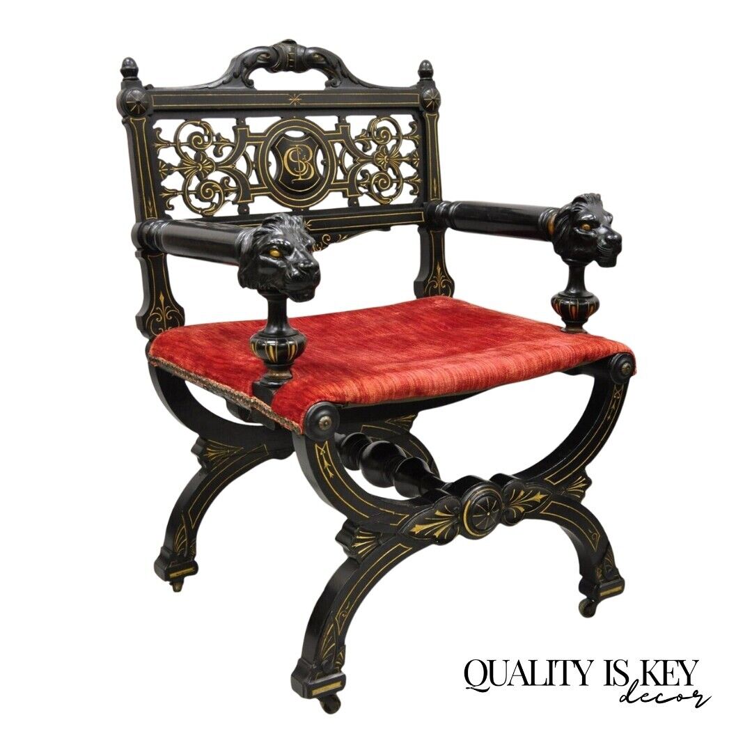 Antique Victorian Aesthetic Movement Ebonized Curule Throne Arm Chair with Lions