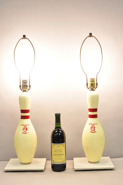 Vintage Mid Century Modern Bowling Pin Man Cave Game Room Table Lamps - a Pair