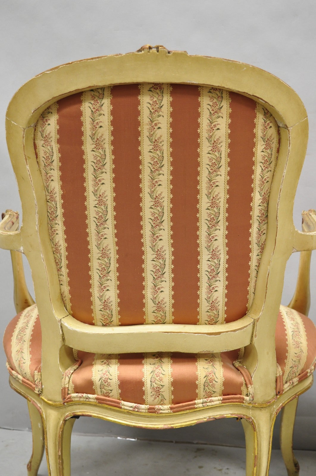 Antique French Louis XV Style Gold Giltwood Pink Stripe Fauteuil Arm Chair, Pair