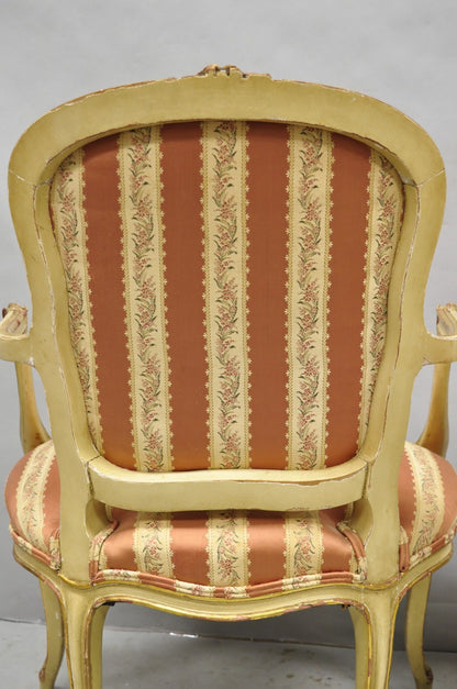Antique French Louis XV Style Gold Giltwood Pink Stripe Fauteuil Arm Chair, Pair