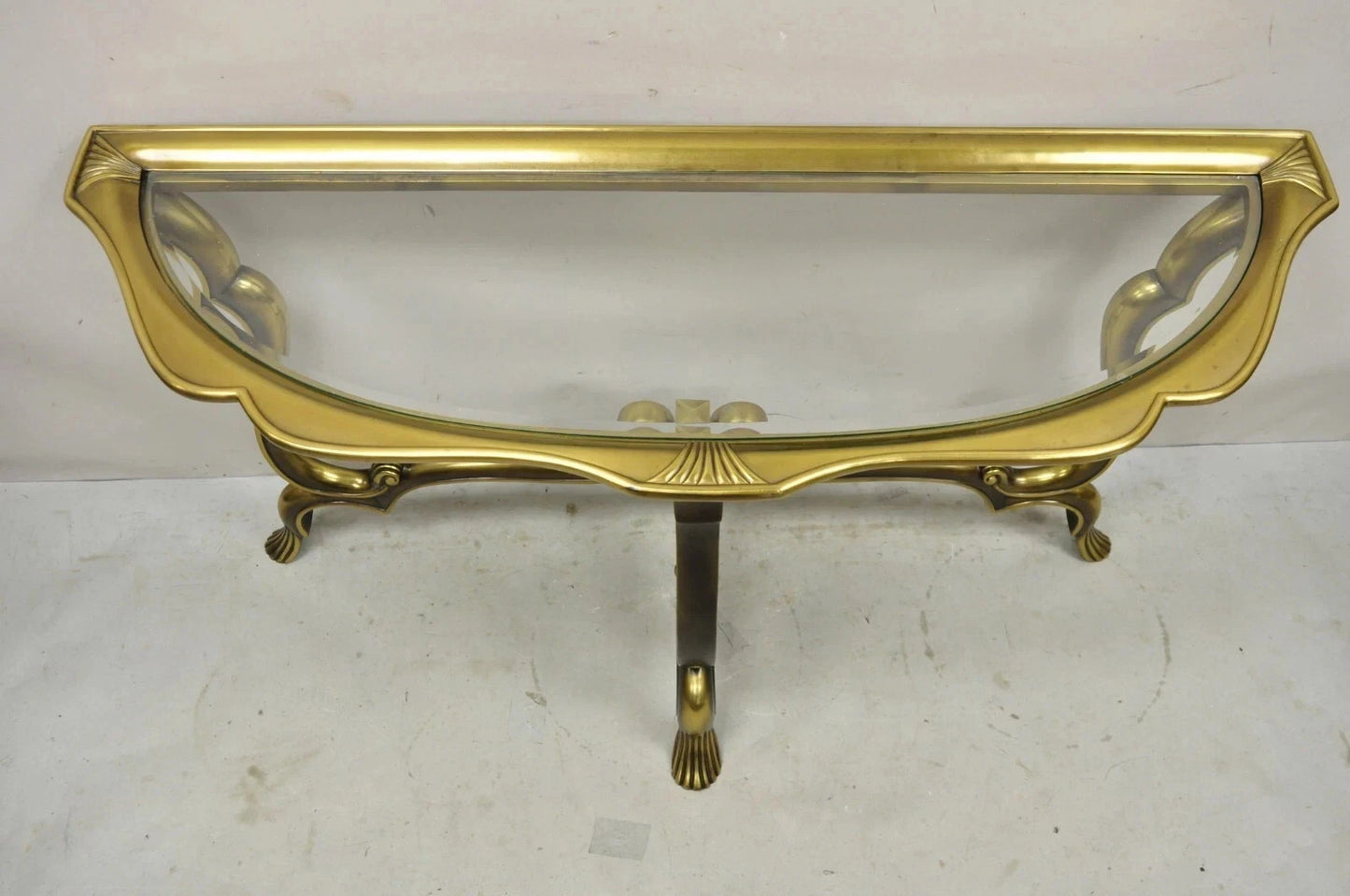 Vintage Hollywood Regency Mastercraft Style Brass Glass Console Sofa Hall Table