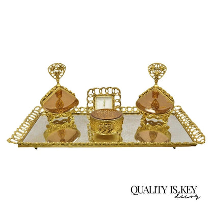 Vintage French Gold Filigree Vanity Set Perfume Clock Jewelry Box & Tray - 5 Pcs