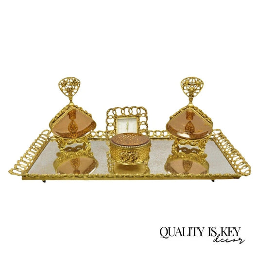 Vintage French Gold Filigree Vanity Set Perfume Clock Jewelry Box & Tray - 5 Pcs