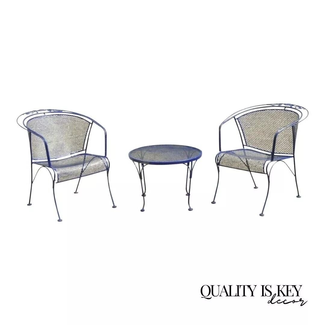 Woodard Rose Pattern Blue Wrought Iron Barrel Back Garden Chair Table - 3 Pc Set