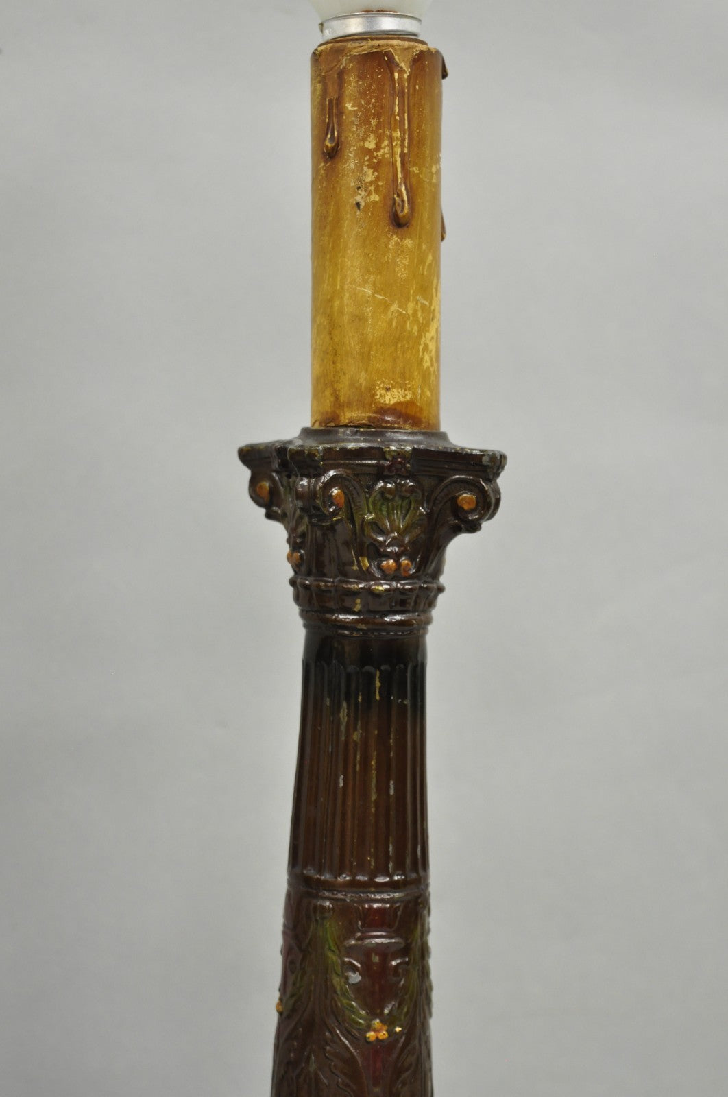 Antique French Empire Brown Painted Column Small Metal Table Lamps - a Pair