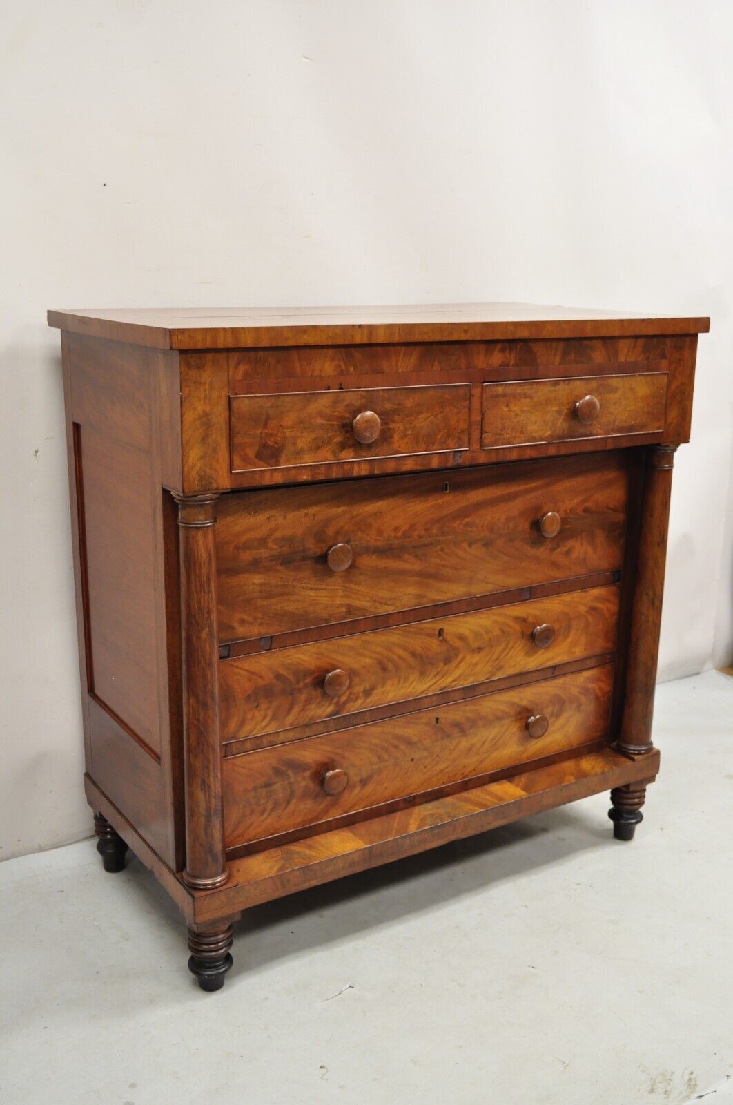 Antique American Empire Crotch Mahogany 5 Drawer Highboy Tall Chest Dresser Antique American Empire Crotch Mahogany 5 Drawer Highboy Tall Chest Dresser