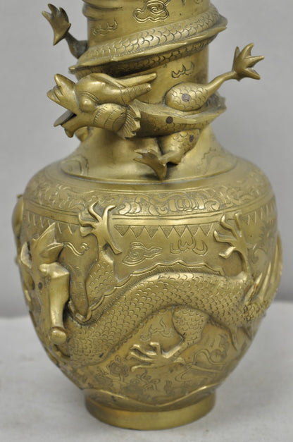 Vintage Japanese Dragon Relief Bronze Chinese 10" Oriental Flower Vase - a Pair
