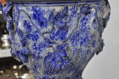 Antique German Westerwald Salt Glaze Stoneware Cobalt Blue Jardiniere & Pedestal