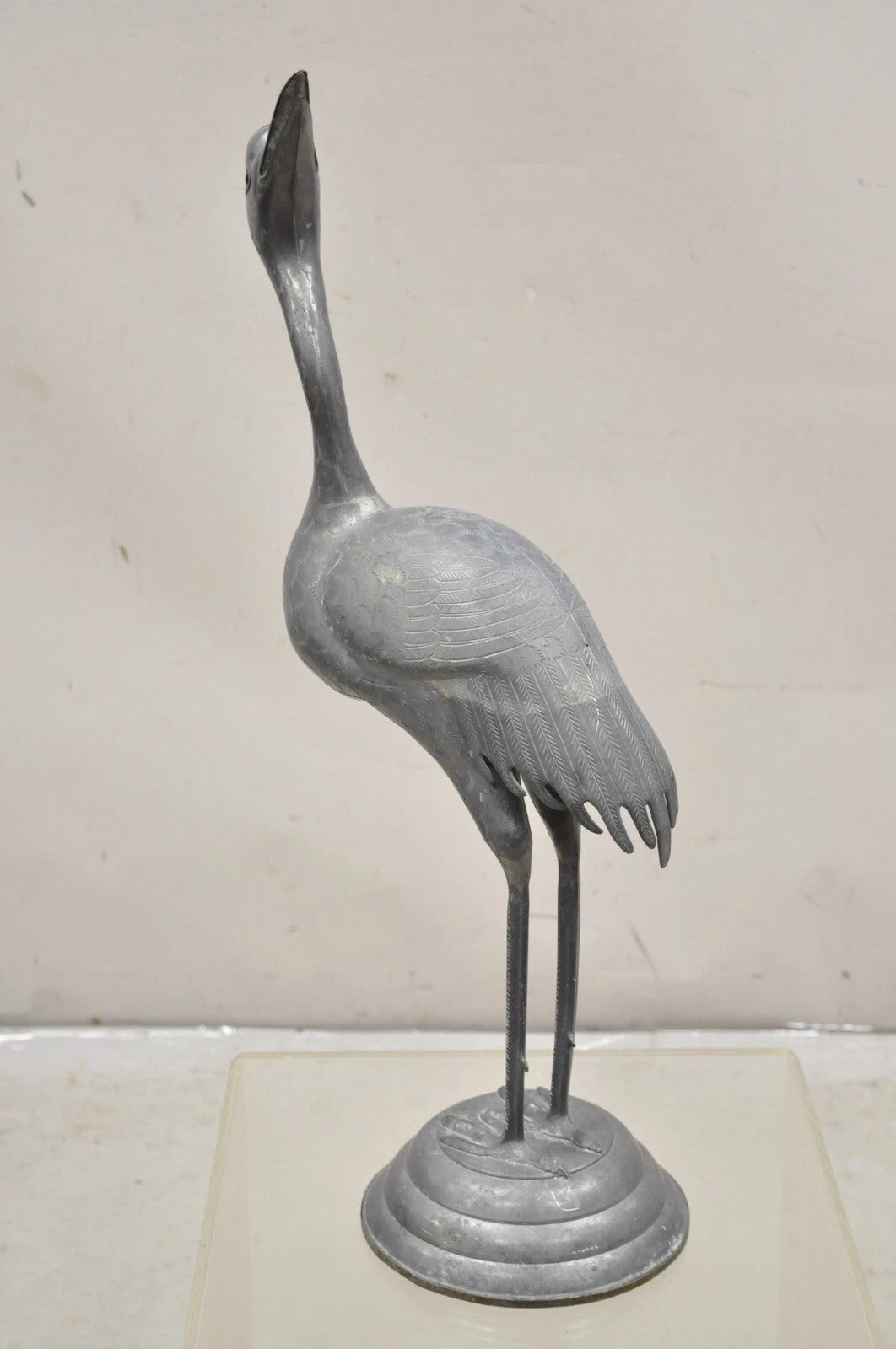 Vintage Hollywood Regency Pewter Metal 27" Crane Bird Garden Statue Hong Kong
