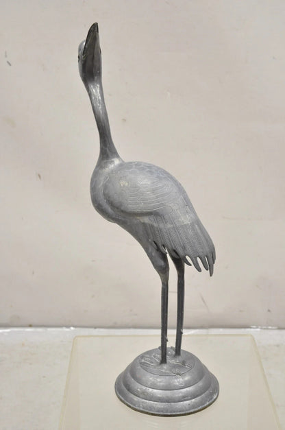 Vintage Hollywood Regency Pewter Metal 27" Crane Bird Garden Statue Hong Kong