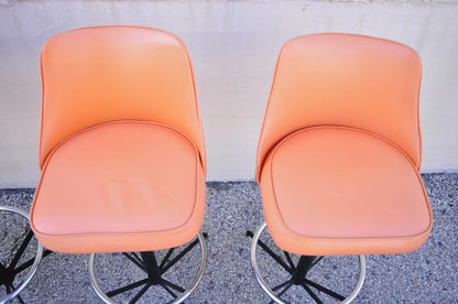 Vintage Mid Century Modern Atomic Orange Vinyl Metal Swivel Barstools - Set of 4