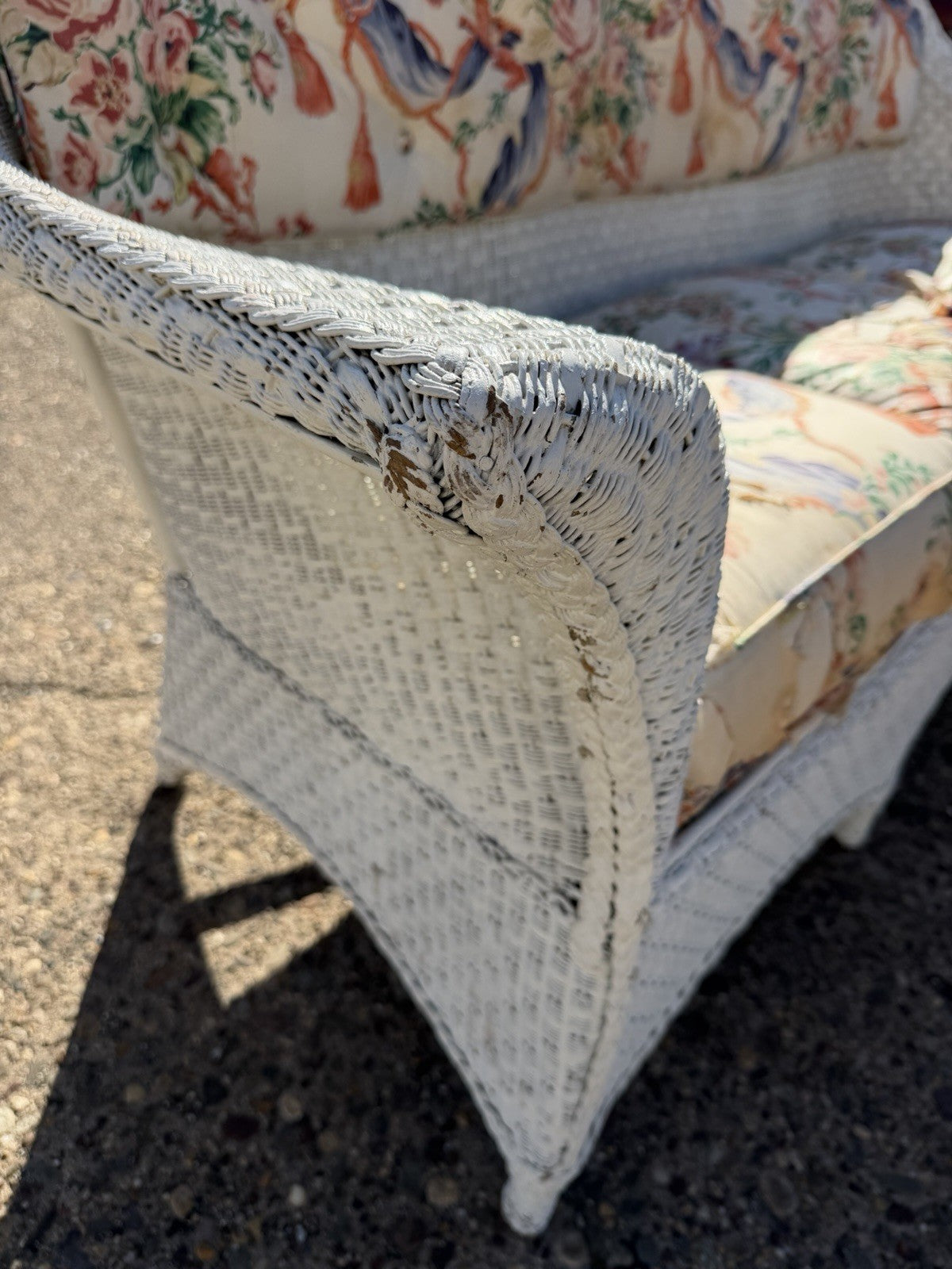 Antique Victorian White Wicker Rattan Sunroom Patio Sofa w/ Loose Cushions
