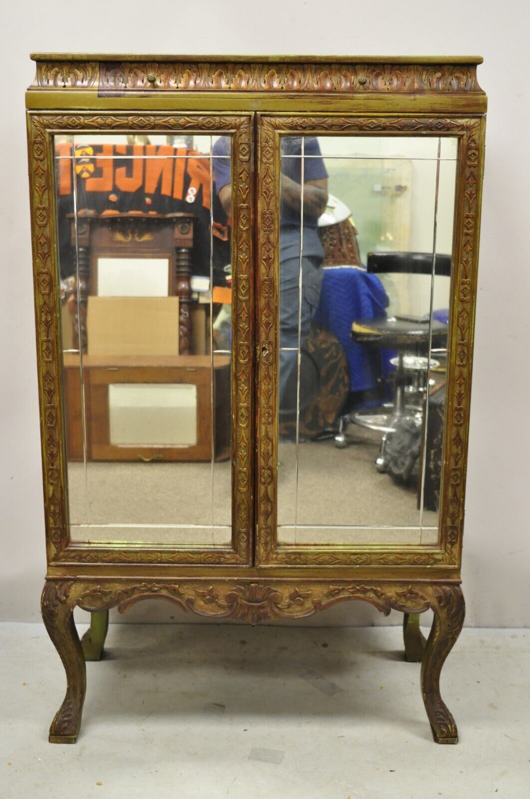 Antique Georgian Green Painted Mirror Front Blind Front China Curio Cabinet