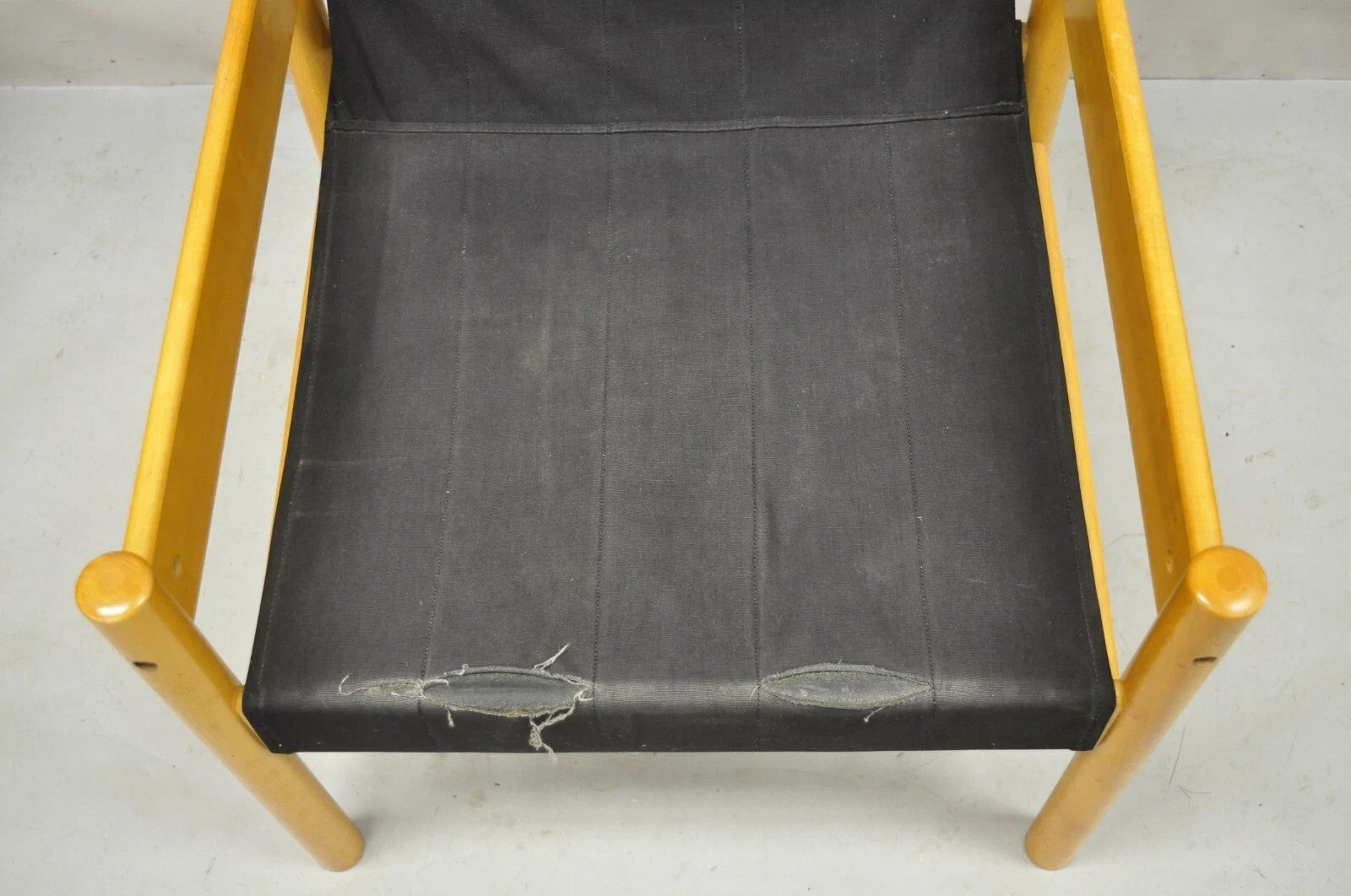 Vintage Mid Century Modern Scandinavian Black Canvas Birch Wood Lounge Chair