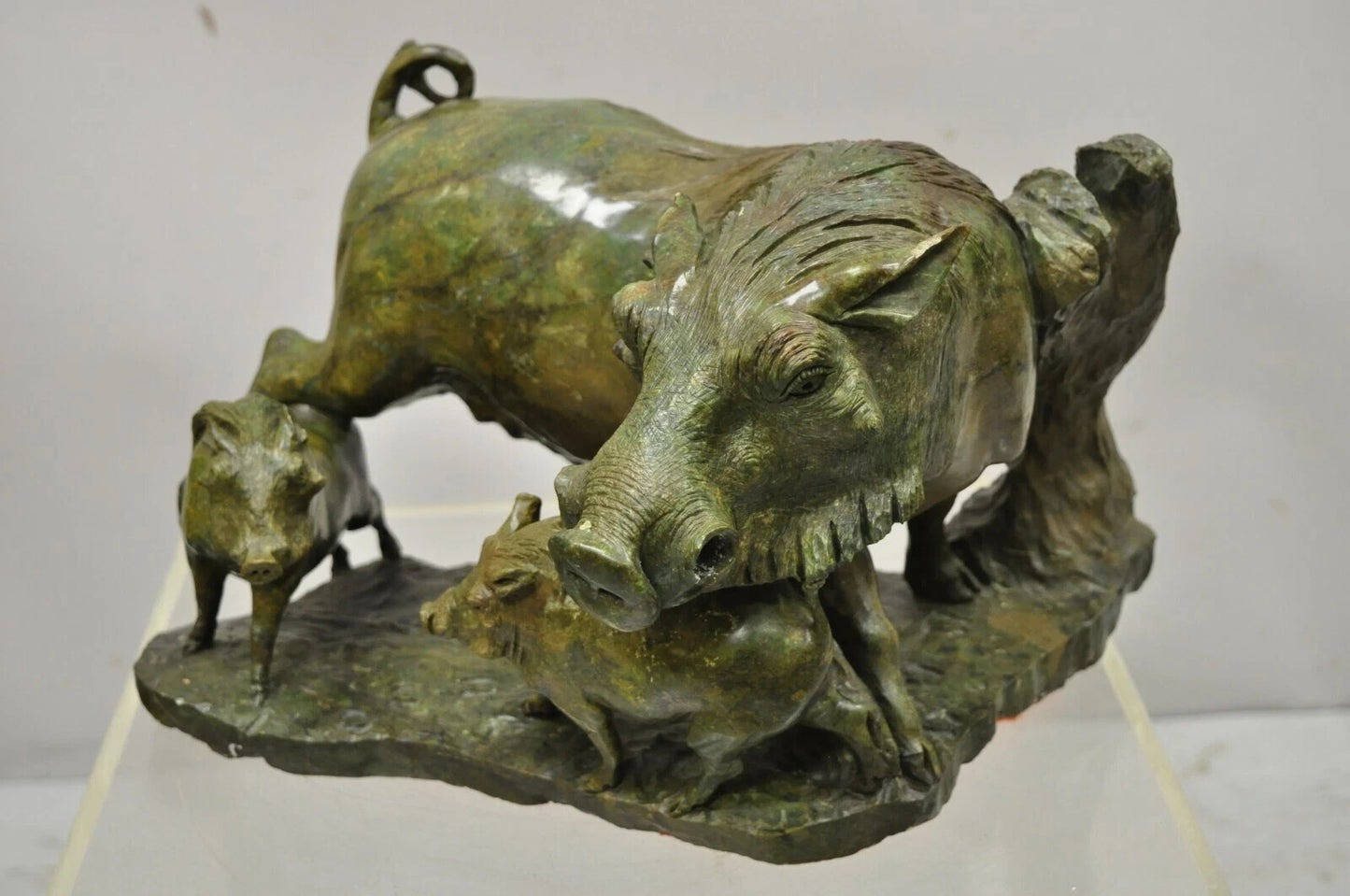 James Tandi African Wild Boar Green Carved Verdite Hardstone Sculpture Figure
