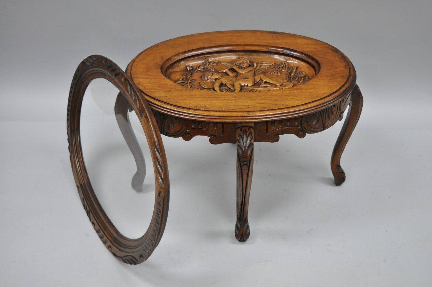 French Renaissance Style Glass Top Tray Coffee Table with Carved Cherubs Angels