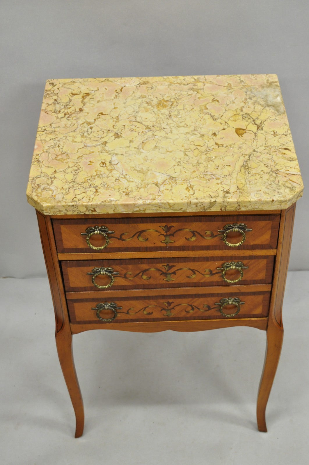 Antique French Louis XV Satinwood Marble Top Painted Nightstand Bedside Table