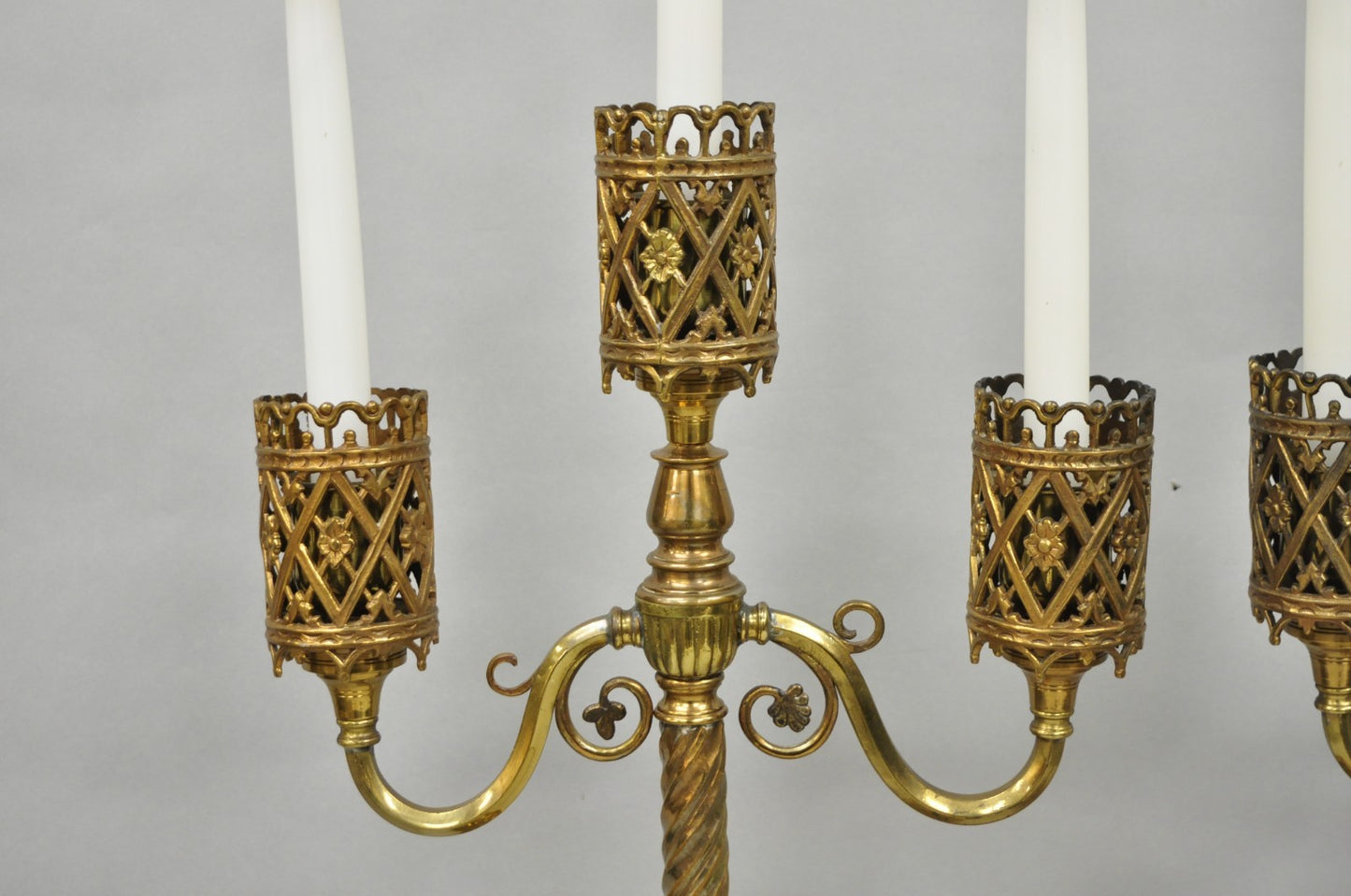 Oscar Bach French Renaissance Gothic Brass 3 Arm Candelabra Table Lamps - a Pair