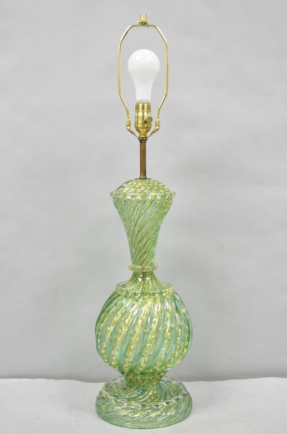 Vintage Barovier & Toso Murano Italy Green Swirl Glass Gold Flecks Table Lamp