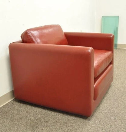 Vintage Mid Century Modern Red Leather Cube Club Lounge Chair on Rolling Casters