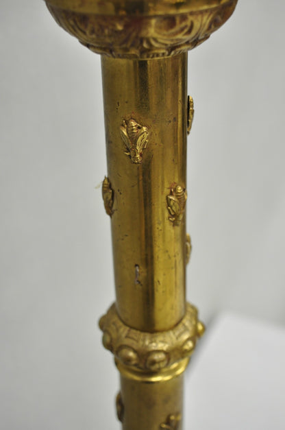 Antique French Renaissance Gothic Figural Brass Candlestick Column Table Lamp