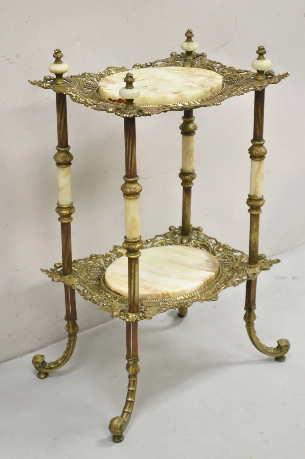 Antique French Victorian Bronze 2 Tier Onyx Stone Plant Stand Accent Side Table