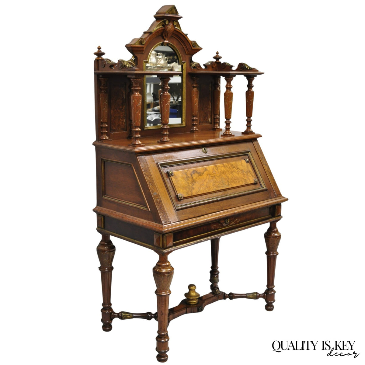 Antique Victorian Burl Walnut Slant Front Secretary Writing Desk with Mirror