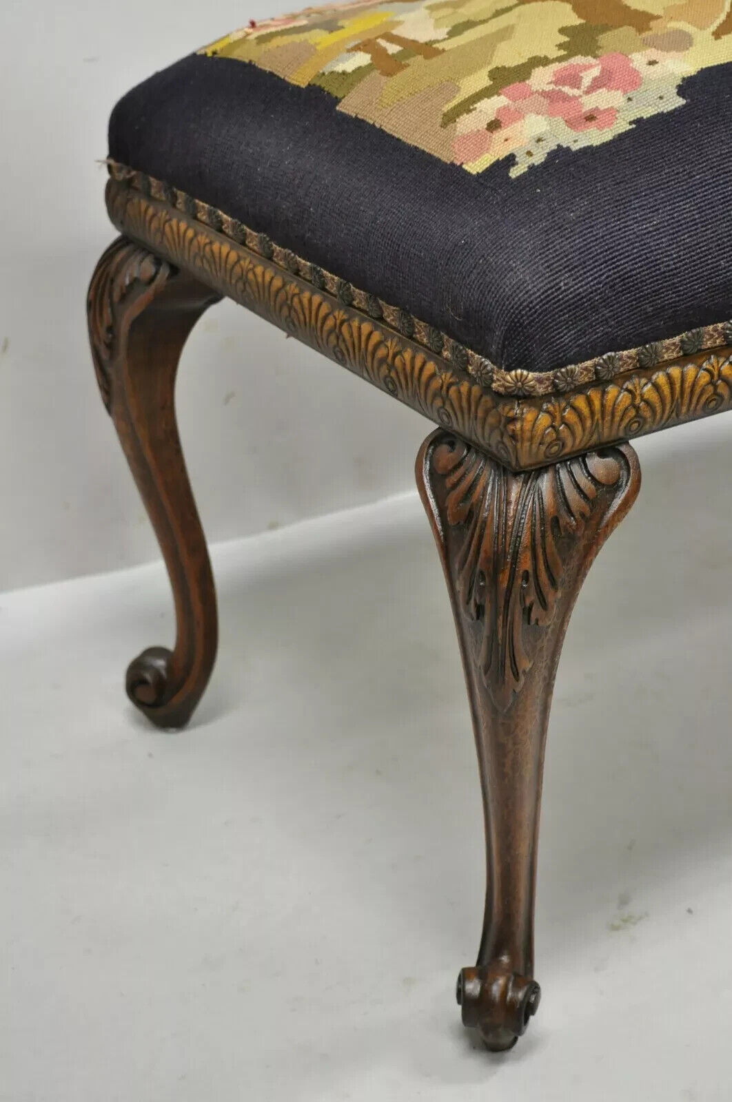 Antique French Victorian Needlepoint Carved Mahogany Cabriole Leg Bench