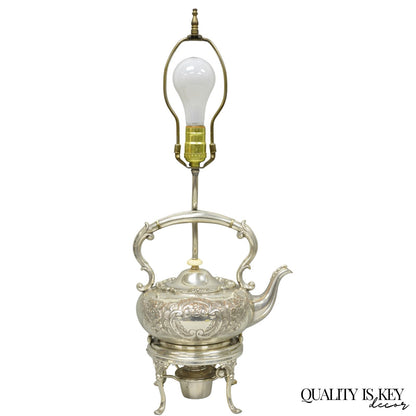 Antique Victorian Cheltenham Converted Silver Plated Tea Kettle Table Lamp