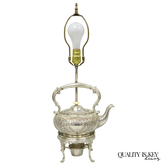 Antique Victorian Cheltenham Converted Silver Plated Tea Kettle Table Lamp