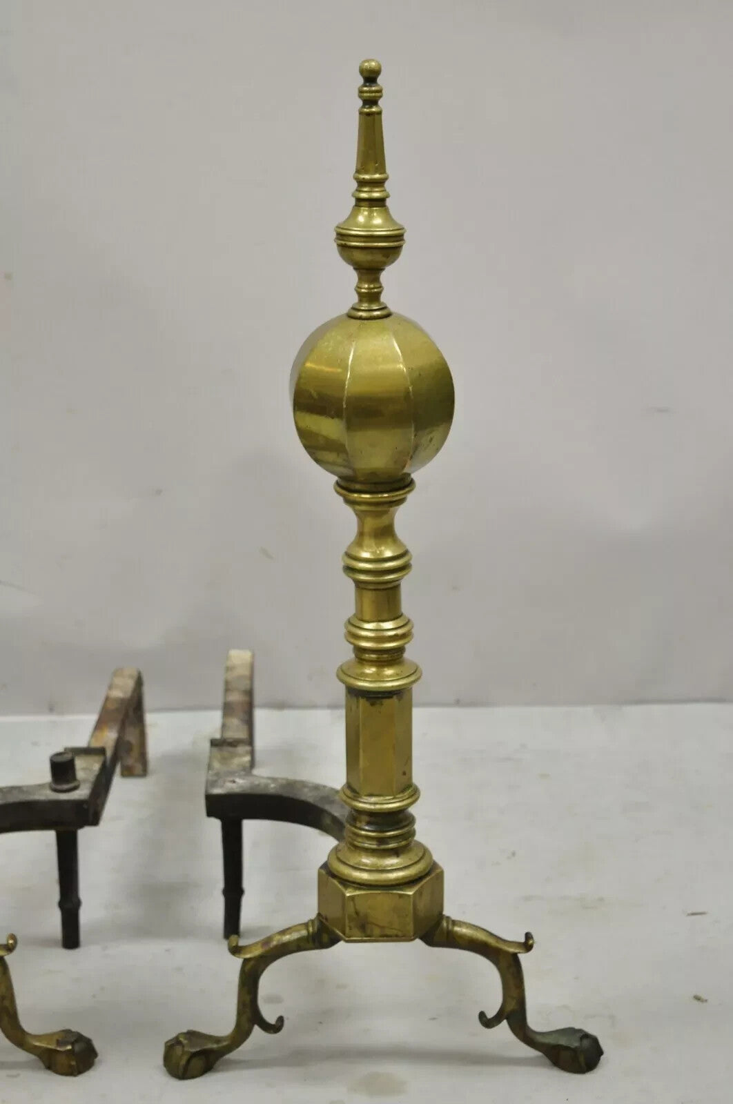 Antique Federal Faceted Brass Cannonball Branch Foot Cast Iron Andirons - a Pair