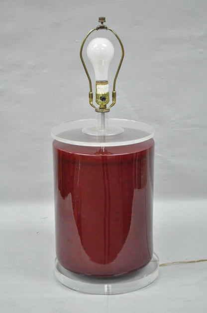 Vintage Mid Century Modern Red Ceramic Cylinder & Lucite Modernist Table Lamp