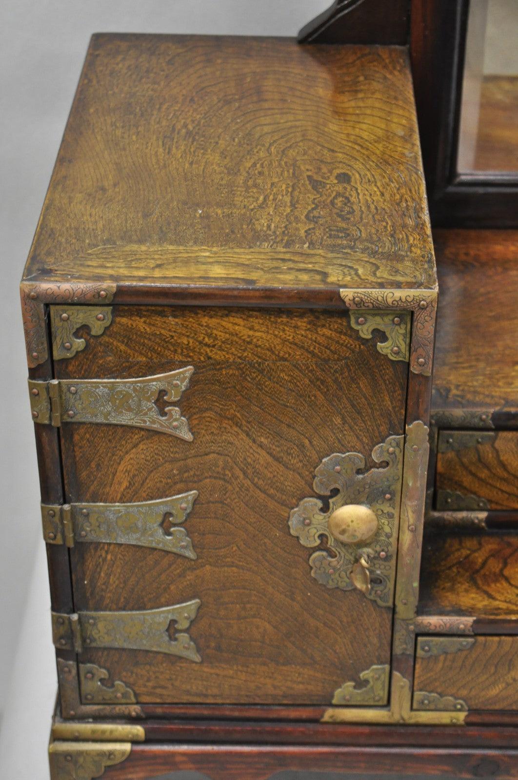 Antique Japanese Wood & Brass Small Low Kyodai Vanity Dressing Table with Mirror