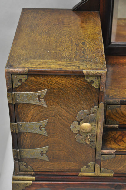 Antique Japanese Wood & Brass Small Low Kyodai Vanity Dressing Table with Mirror