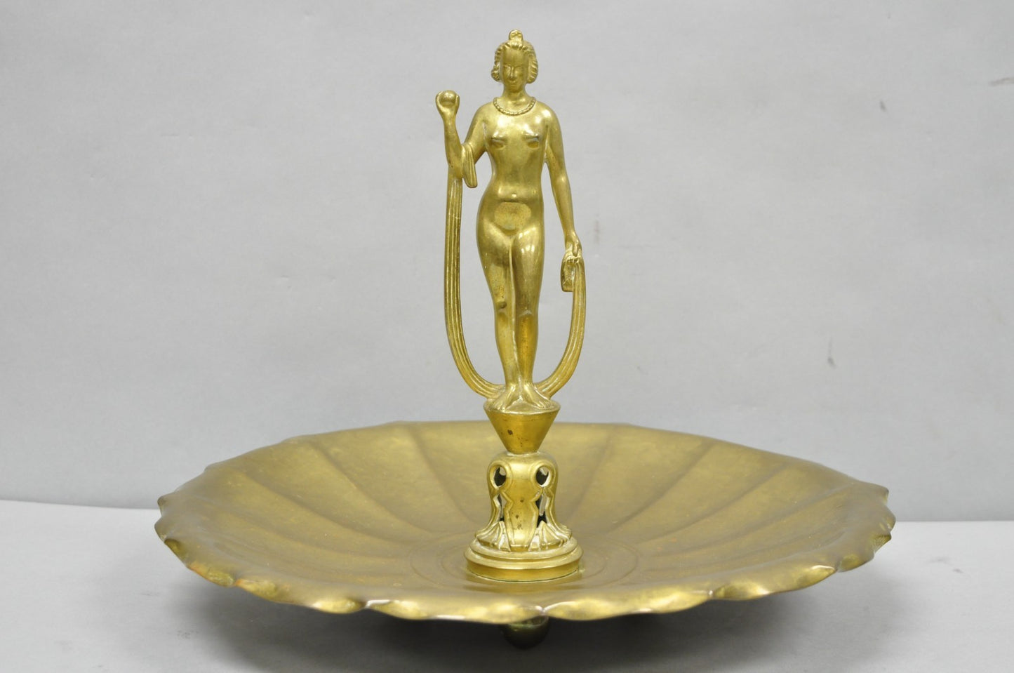 Vintage Art Nouveau Brass Figural Nude Woman Centerpiece Compote Dish Bowl
