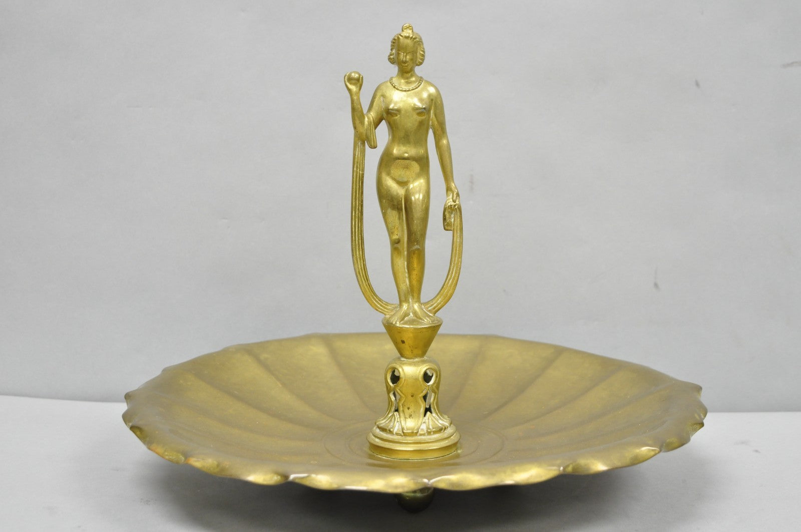 Vintage Art Nouveau Brass Figural Nude Woman Centerpiece Compote Dish Bowl