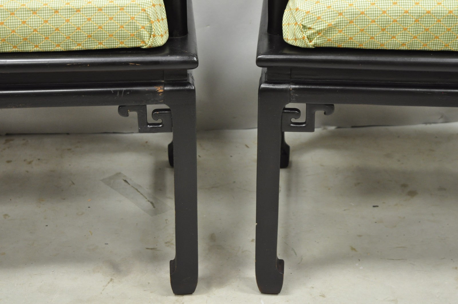 Vintage Oriental Ming Style Ebonized Horseshoe Lounge Chairs by Century (A) Pair