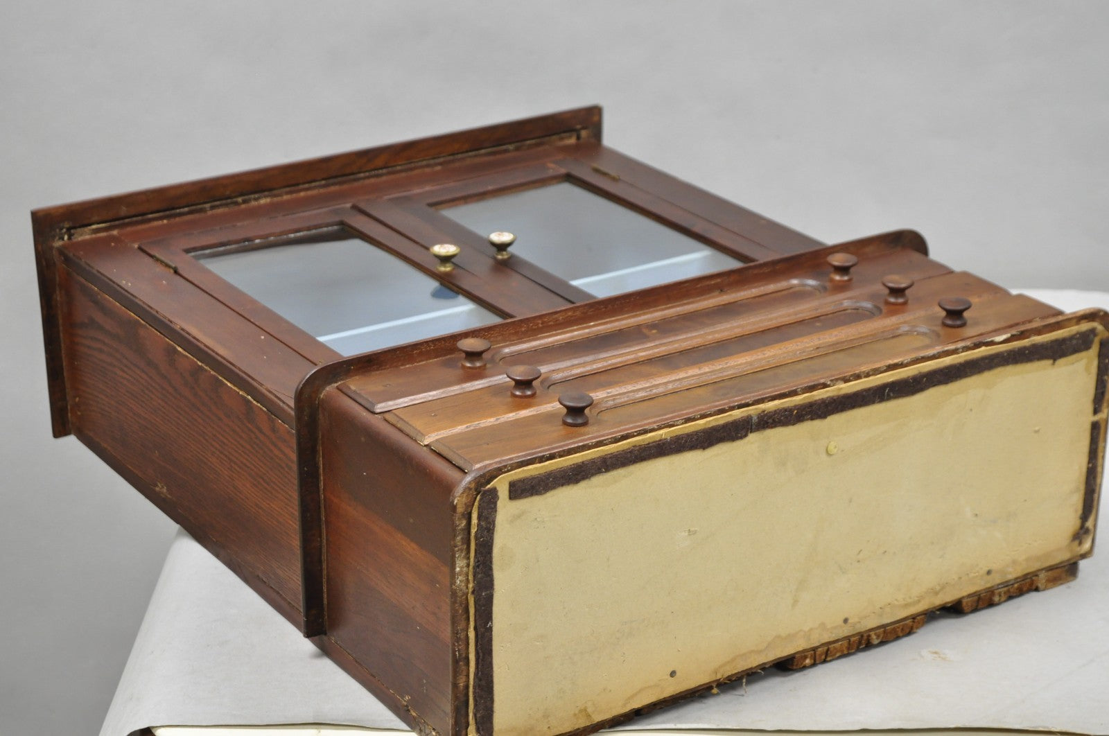 American Colonial Walnut Salesman Sample Apothecary Cupboard Display Cabinet