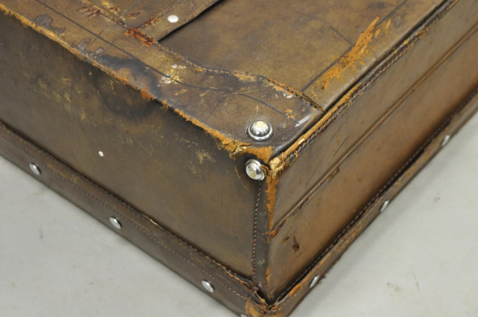 Vintage Art Deco Brown Distressed Leather 33" Luggage Suitcase by Golden Leaf