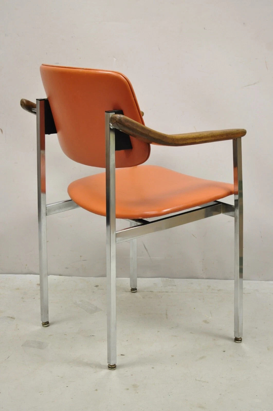 Vintage Mid Century Modern Orange Chrome Frame Sloped Wood Arm Side Desk Chair