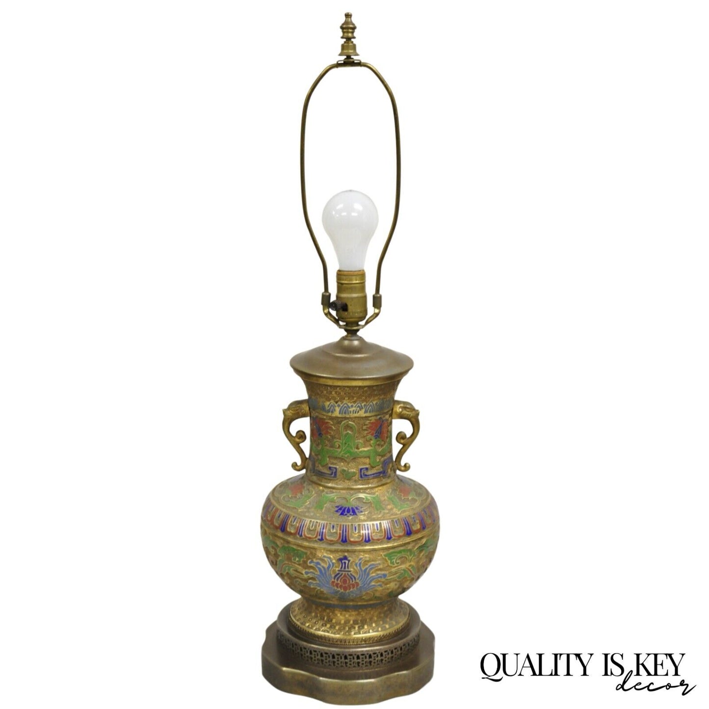 Vintage Middle Eastern Cloisonné Champlevé Blue Green Brass Table Lamp